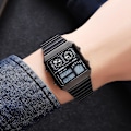 Miniatyrbild 6 av 8: Multifunktionella Fyrkantiga Herrklockor Dubbel Display Sportklocka för Män Termometer Datum Rostfritt Stål Armbandsur Alarm Business Manlig Quartzklocka