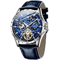 Miniatyrbild 7 av 7: Herrklockor i läder, automatisk mekanisk skelett Tourbillon Diamant Lyx självuppdragande armbandsur Månfas vattentät självlysande