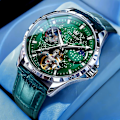 Miniatyrbild 2 av 7: Herrklockor i läder, automatisk mekanisk skelett Tourbillon Diamant Lyx självuppdragande armbandsur Månfas vattentät självlysande