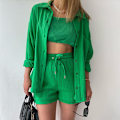 Miniatyrbilde 3 av 5: Krynket krage for kvinner, langermet skjorte, shorts med snøring med høy midje, moderne casual sett i to deler green XL green xl
