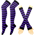 Pikkukuva 1 / 5: Pitkät neulotut lapaset polvikorkeat raidalliset sukat leggingsit juhla-asu asusteet 2 parin setti, musta ja violetti, One Size violetti purple