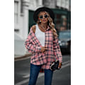 Miniatyrbillede 3 af 5: Rutete langærmet skjorte dame Button Down uldblanding tynd jakke Casual blusetoppe med lomme Pink Pink XL