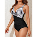 Pikkukuva 6 / 7: Naisten uimapuvut vatsan hallinnalla, hoikentava yksiosainen uimapuku, retro rypytetty push-up, vintage-pehmustettu Black Stripe Top Black Stripe Top M