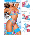 Miniatyrbilde 2 av 7: Blomstrete Broderi, Bøyle, T-String, Strømpebånd, 4-Delt Undertøy Blå Blue XL