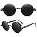 Miniatyrbillede 3 af 5: Vintage Polariserende Steampunk Runde Solbriller til Mænd, Stilfulde Db Black Frame Grey Lenses