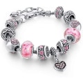 Miniatyrbillede 1 af 5: Pink Hearts Sølvbelagt Charm Armbåndssæt, Smykkegaver med Perler, Charms og Justerbar Slankekæde, Passer til 7,5\" + 1,5\"