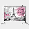 Pikkukuva 3 / 5: 9x6ft Pariisin Eiffel-tornin taustat valokuvausta varten Vaaleanpunaiset kukat Puu Valokuvaharrastajat Häästudio Rekvisiitta Tausta Banneri Vinyyli