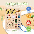 Miniatyrbilde 4 av 8: Busy Board Montessori-leketøy, aktivitetsbrett, sensorisk baby leketøy, med 10 brytere og 23 LED-lys, treleketøy, reise
