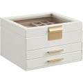 Miniatyrbillede 1 af 3: SONGMICS Smykkeskrin med låg, 3-lags smykkeopbevaring, med 2 skuffer, moderne stil, 20,3 x 23,1 x 13,5 cm, skyhvid og guldfarve UJBC239WT white