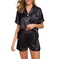 Pikkukuva 1 / 5: Naisten satiini-pyjama, lyhyet naisten pyjama napilla, V-kaula-aukko Black L