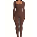 Miniatyrbillede 1 af 6: Enkeltfarvet Casual Yoga Jumpsuit, Firkantet Hals Slim Fit Med Tommelfinger