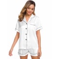 Miniatyrbilde 3 av 6: Satinpysjamas for damer, korte pysjamas med knapp, V-hals White XL