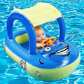 Miniatyrbild 1 av 5: Uppblåsbar Baby Pool Float med Solskydd, Bilformad Badbåt för Spädbarn Småbarn Barn