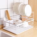 2-Tier Dish Drying Rack Kitchen Counter Plate Drainer Storage Organizer with Drain Board and Cutlery Holder - White White