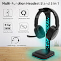 Miniatyrbilde 4 av 5: RGB Gaming Headset-hylle, Headsetstativ med 3,5 mm AUX og 2 USB-ladeportar, skrivebordsstativ for spillheadset med gummibase