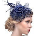Miniatyrbilde 2 av 5: Fascinator-hatt, blomster, nettbånd og fjær på et splittet klipshodebånd, cocktail- og tebordshodeplagg for jenter og kvinner