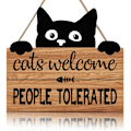 Miniatyrbild 1 av 3: Rolig katt välkomsskylt, katter välkomna människor tolererade kattunge tassavtryck träskylt, svart katt väggdekor, rolig träskylt för djuraffär hem