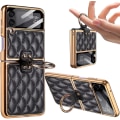 Miniatyrbilde 1 av 5: Rhomboid skinnveske for Samsung Galaxy Z Flip 3 med ring, galvanisert rammebeskyttende deksel