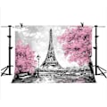 Pikkukuva 4 / 5: 9x6ft Pariisin Eiffel-tornin taustat valokuvausta varten Vaaleanpunaiset kukat Puu Valokuvaharrastajat Häästudio Rekvisiitta Tausta Banneri Vinyyli