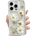 Miniatyrbillede 1 af 5: iPhone 13 Pro Transparent Case med Trykte Ægte Blomster Design, Glitter Sød Hvid Blomstermønster Tynd Blød TPU Beskyttende Kvinder
