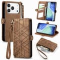 iPhone 17 Pro Max -nahkakotelo geometrisella vetoketjulla ja sivusoljella Brun