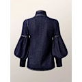 Miniatyrbilde 2 av 5: Mote Imitert Denim Puff Ermet Sløyfe Skjorte for Kvinner Vår og Høst Høy Hals S Størrelse