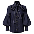 Miniatyrbild 1 av 5: Trendig imitation denim puffärm blus med rosett för kvinnor vår och höst hög hals S storlek