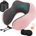 Justerbar Resekudde i Memory Foam med Öronproppar och Ögonmask Rosa för Flygplan och Bil