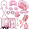 Värmefri lockningssats med örngott i satin, hårsnodd och sovmössa – Värmefria lockar över natten Pink 17pcs