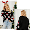Miniatyrbilde 3 av 4: Julegenser for kvinner, morsom og søt, med juletre, snøfnugg, reinsdyr, nisse, strikket genser BLACK BLACK L