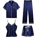 Miniatyrbillede 1 af 5: Dame 4-delt pyjamassæt i silke satin nattøj sexet pjs loungewear Navy Blue Navy Blue 2XL
