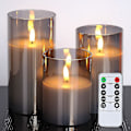 Miniatyrbillede 1 af 5: Glas LED-flammeløse lys, batteridrevne lys, søjlelys batteridrevne med fjernbetjening og timer, elektriske lys, voks + grå glas, sæt af
