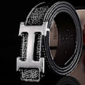 Miniatyrbillede 2 af 5: Herre PU Læder Litchi Korn Bælte, Business Fritid H Spænde Design (FMY) Black   Silver