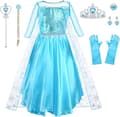 Elsa Flickdräkt Set med Krona Tiara Handskar Trollstav 140cm[ZHE] color