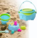 Compact 8-piece foldable bucket set with shovel, rake, double sifter for shark teeth or shells, and castle molds, perfect for outdoor use Blue