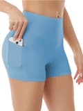 Yogashorts för kvinnor med hög midja och sidoficka för telefon, ljusblå L Light Blue