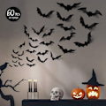 Miniatyrbillede 4 af 5: Fledermus Vægsmykke, 60 stk. 3D Halloween Dekorationsstickers i 4 Størrelser, Vandafvisende Sorte Spøgelsesfladdermus til Rumindretning