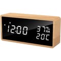 Digital väckarklocka i trä med LED-display, 3 larminställningar, USB-driven, visar tid, temperatur och luftfuktighet