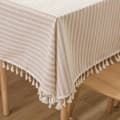 Cotton Linen Tablecloth Striped Tassel Square Table Cloth Dust-proof Table Cover for Kitchen Dining Table Decoration (140cm x 140cm, Beige)