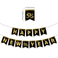 Miniatyrbillede 2 af 5: Sort & guld Glædelig Nytår Banner Nytår Hængende Bunting, lang nok efter hængning, du kan også justere denne længde selv