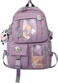 Erittäin tilava vedenpitävä reppu söpöillä pin-tarvikkeilla ja pehmoriipuksella Purple