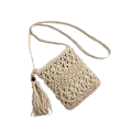 Miniatyrbild 1 av 5: Halmvävd Satchel-Väska Handgjord Kvadratisk Form med Fransar Vävd Väska för Strand Dejting Beige