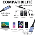 Miniatyrbillede 2 af 4: USB-C Jack 3.5 mm audio adaptor til hovedtelefoner musik kompatibel med Oppo A16-A53-A54-A57-A72-A74-A76-A77-A94-A96 Phonillico®