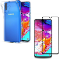 Miniatyrbillede 1 af 4: Coque til Samsung Galaxy A70 - Blød Transparent Silikone + Hel Glastempereret Sort Kantskærm Beskyttelse [Phonillico®]