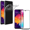 Pikkukuva 1 / 4: Samsung Galaxy A50 - Pehmeä läpinäkyvä silikonikotelo + Musta reunallinen karkaistu lasi näytönsuojus [Phonillico®] Transparent, svart
