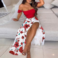Miniatyrbild 1 av 4: Slim-Fit fransk Bohemian printed mellanlängd Retro Tube Top Suit Red flowers M