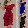 Miniatyrbilde 3 av 4: Sexy V-hals off Shoulder-kjole for damer Kortarmet Bodycon Party Club Midi-kjole for selskapsmiddag red 2xl