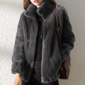 Miniatyrbild 1 av 6: Dam fleece fluffig Teddy Bear Coat Plain Pocket Jacka Ytterkläder Grå M