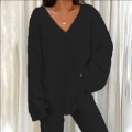 Miniatyrbild 3 av 4: Tvådelad klädsel med bred ben för damer Polar Fleece V-hals Lounge Set Black XL