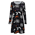 Miniatyrbild 3 av 5: Ny Kvinna Halloween Klänning Pumpa Fladdermöss Print Långärmad Rundhalsad Party A-Line Skater Flare Mini Flare Klänning,Modell:4-M